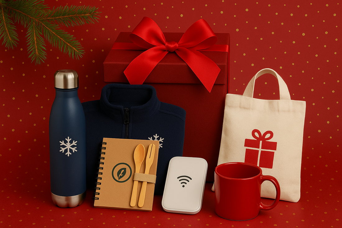 Corporate holiday gifts arranged on a festive red background, including a water bottle, fleece jacket, notebook with bamboo utensils, wireless charger, mug, tote bag, and gift box with bow.
