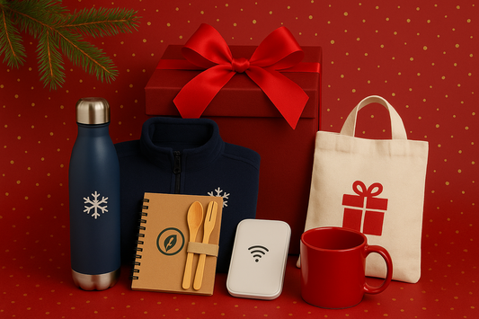 Corporate holiday gifts arranged on a festive red background, including a water bottle, fleece jacket, notebook with bamboo utensils, wireless charger, mug, tote bag, and gift box with bow.
