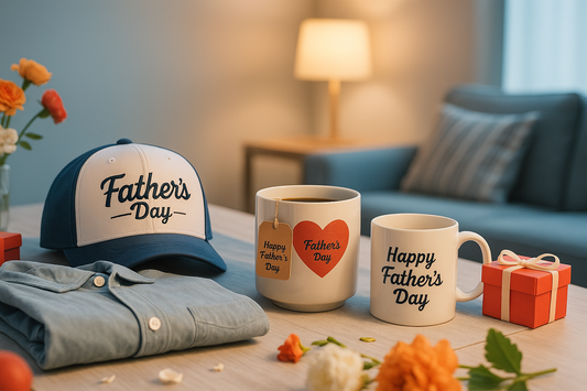 Father’s Day gifts including a cap, two mugs, a folded shirt, and a small red gift box on a table with a cozy background.