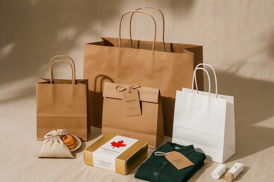 Eco-friendly kraft and white paper bags with handles, styled with gift and food items on a neutral background.
