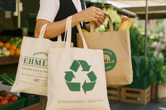 A person holding two reusable grocery bags—one canvas with a green recycling symbol and one brown paper bag—while shopping at an outdoor market filled with fresh fruits and vegetables.