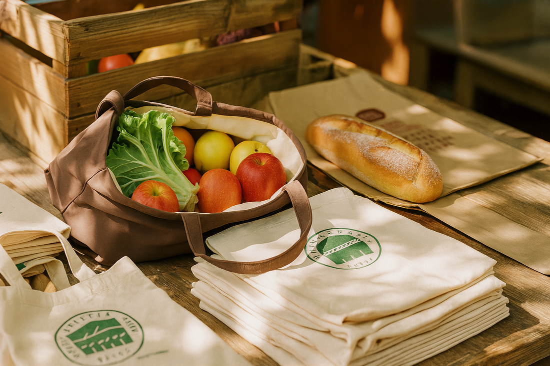 Reusable grocery bag filled with apples, cabbage, and lemons on a rustic wooden table, surrounded by folded canvas tote bags with green logos and kraft paper bags, set in a warm outdoor market environment.