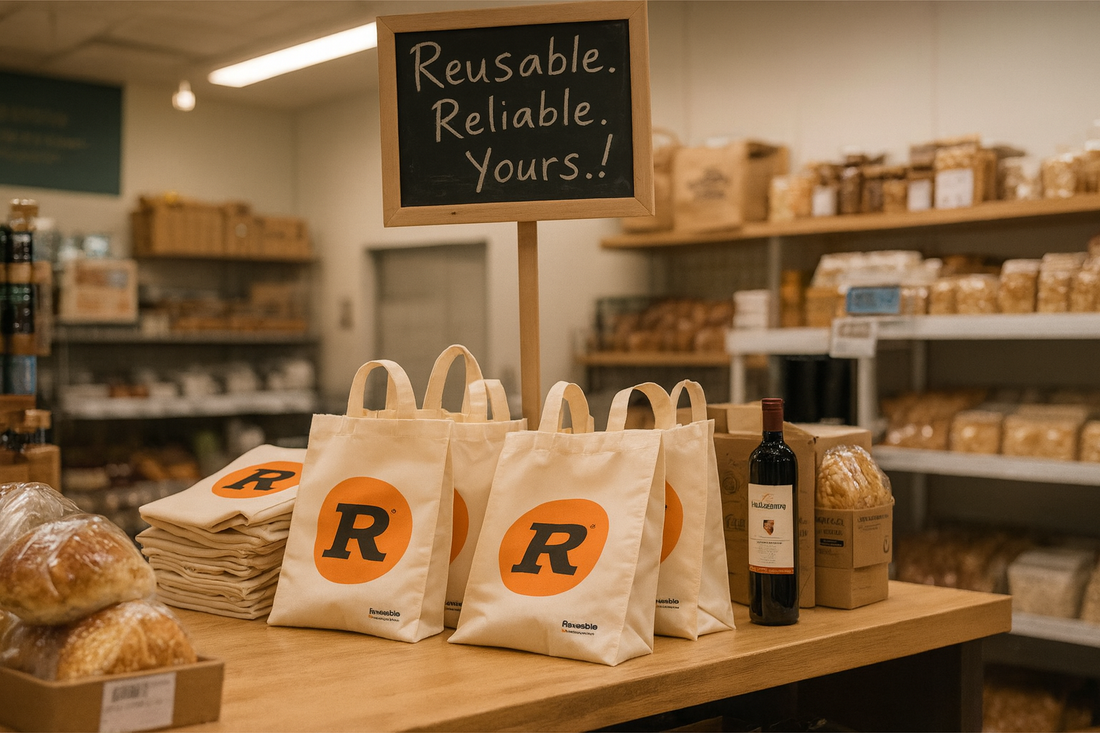 Reusable tote bags with bold orange logos displayed on a wooden counter in a grocery store, with bread and wine nearby under a chalkboard sign that reads “Reusable. Reliable. Yours.!”