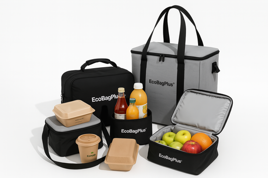 Professional flat lay of EcoBagPlus® insulated lunch bags in various sizes and colors, displayed with reusable food containers, juice bottles, coffee cup, and fresh fruits, against a clean white background.
