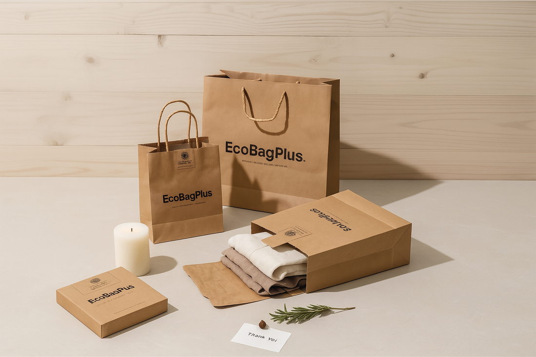 Eco-friendly kraft paper shopping bags with EcoBagPlus branding, neatly arranged with folded clothing, a thank-you card, a candle, and rosemary on a light wood surface.