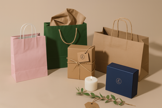 A high-quality flat lay image showcasing various eco-friendly paper shopping bags in pastel pink, green, and kraft brown, alongside a navy gift box, kraft-wrapped package with twine, white candle, and decorative greenery on a neutral background.