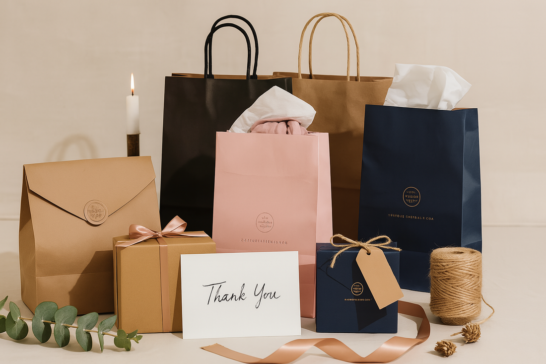 A photograph displays an assortment of custom-branded paper bags and boxes in various colors and sizes, including kraft, black, pink, and navy, styled with tissue paper, ribbons, and thank-you cards for an elegant retail or gifting presentation.