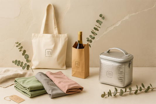 Eco-friendly reusable bags including a canvas tote, kraft wine bag, and silver insulated lunch bag displayed on a neutral stone background with folded fabric bags and eucalyptus accents.