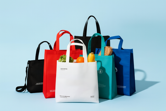 Six reusable non-woven tote bags in various colors (white, red, black, teal, blue) are displayed upright against a light blue background. The white bag in front is filled with fresh groceries, including lettuce, orange, and a yellow pepper.