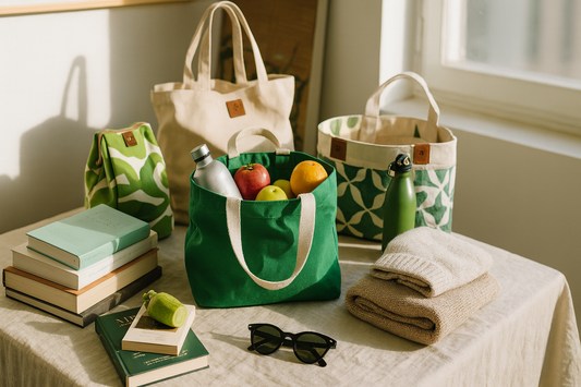 Eco-friendly tote bags, books, fruits, and daily essentials on a sunlit table.