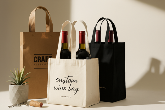 Three wine bags with bottles, styled on a minimal background with a plant and corkscrew.