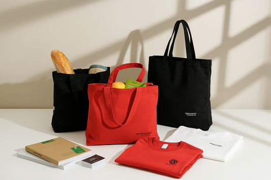 Three reusable tote bags with groceries and clothes, placed on a white table with soft natural light and shadows.
