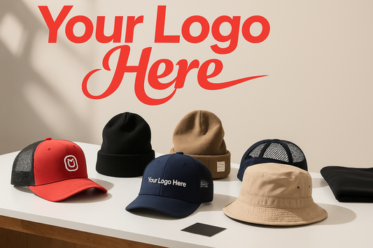 A variety of custom logo hats, including trucker caps, beanies, and a bucket hat, displayed on a white table with a large red "Your Logo Here" sign in the background.