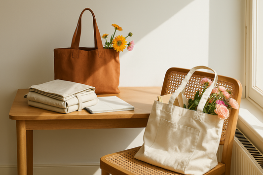 Canvas tote bags on a wooden table and chair, with flowers and sunlight.
