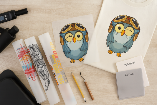 Custom DTF heat transfer sheets with colorful designs, a printed owl T-shirt, fabric swatches, and heat press tools arranged on a wooden surface.