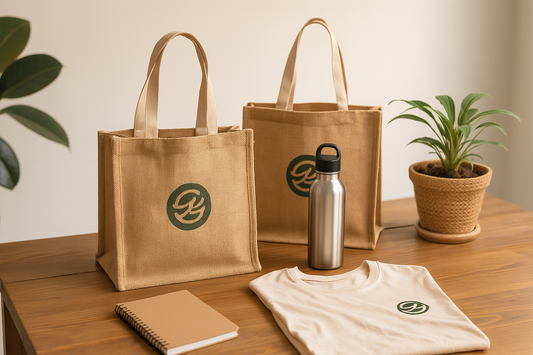 Eco-friendly jute tote bags with custom logo, T-shirt, bottle, and notebook on wooden table.