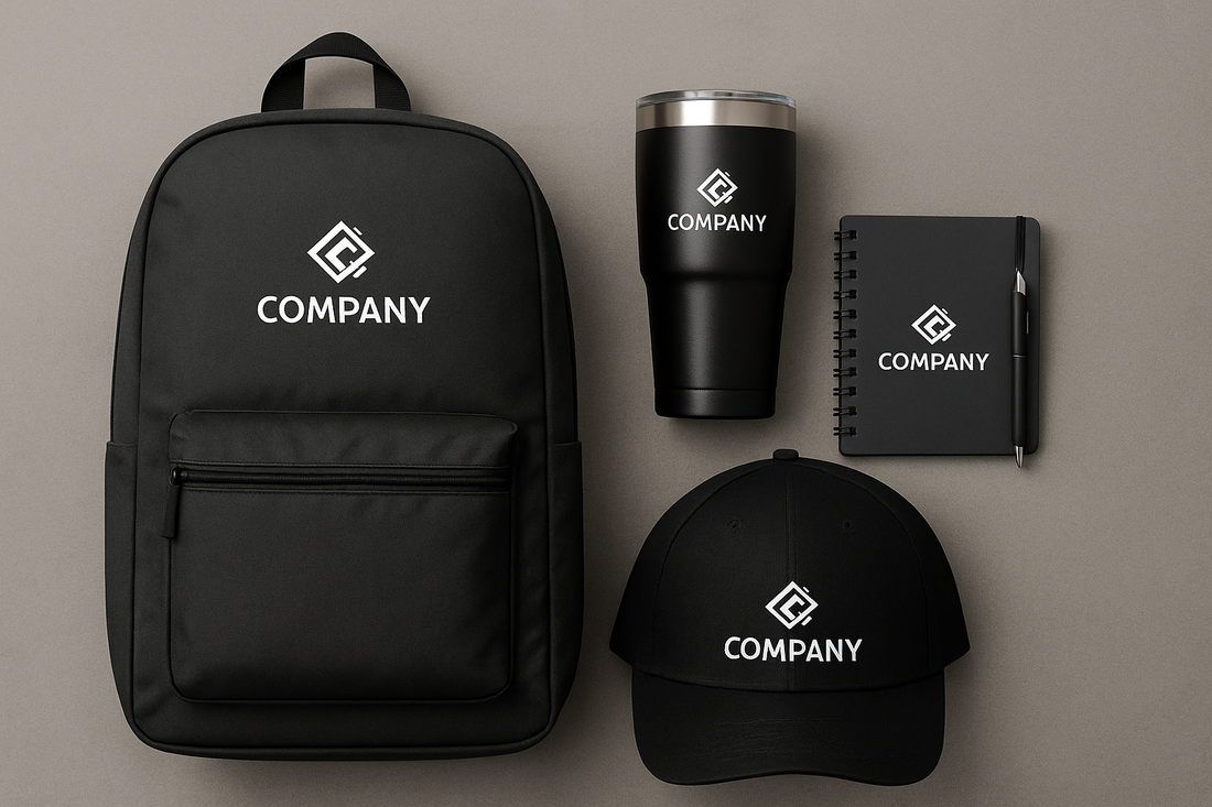 Flat lay of black branded corporate merchandise including a backpack, stainless steel tumbler, spiral notebook with pen, and a baseball cap, all featuring a white company logo on a neutral background.