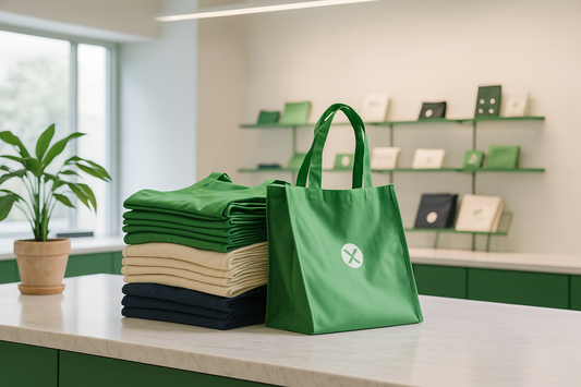A stack of green, beige, and navy reusable T-shirt shopping bags is neatly folded on a white countertop in a modern retail store with minimalist decor.