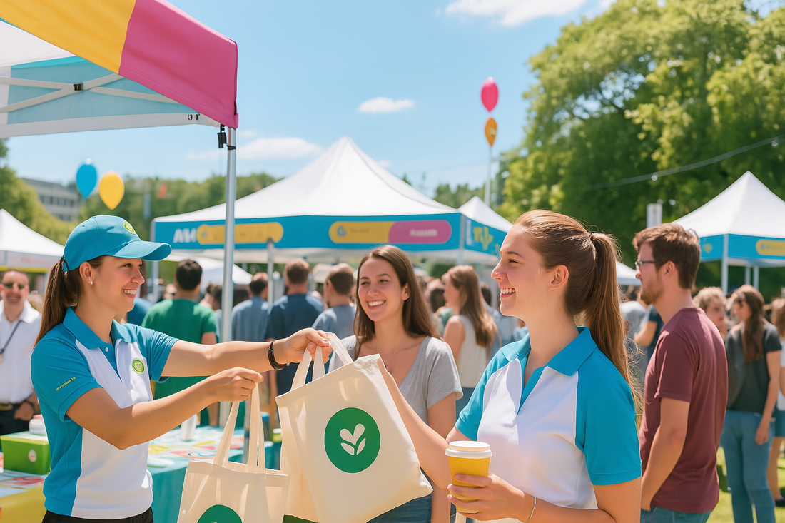 Staff member handing out branded eco-friendly tote bags to attendees at a vibrant outdoor marketing event, surrounded by colorful tents, balloons, and smiling participants on a sunny day
