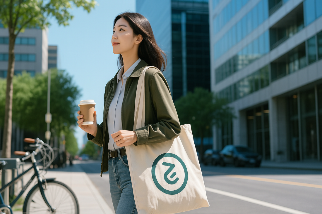 Young professional walking through a modern city street, holding a coffee and carrying a branded eco-friendly promotional tote bag, with bicycles and office buildings in the background.