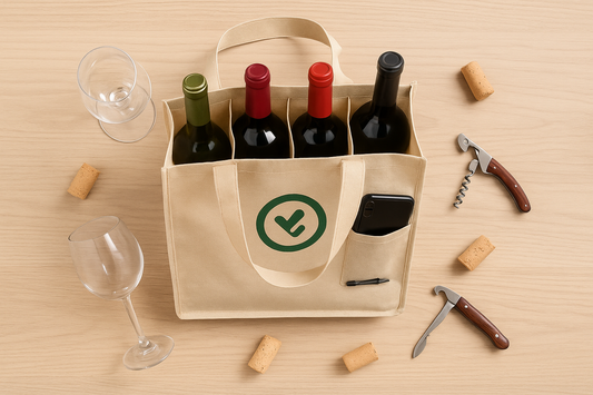 Top-down view of a beige 4-bottle non-woven wine tote bag with interior dividers, holding four wine bottles. The front pocket contains a smartphone and pen, with corks, corkscrews, and wine glasses arranged around the bag on a light wooden surface.