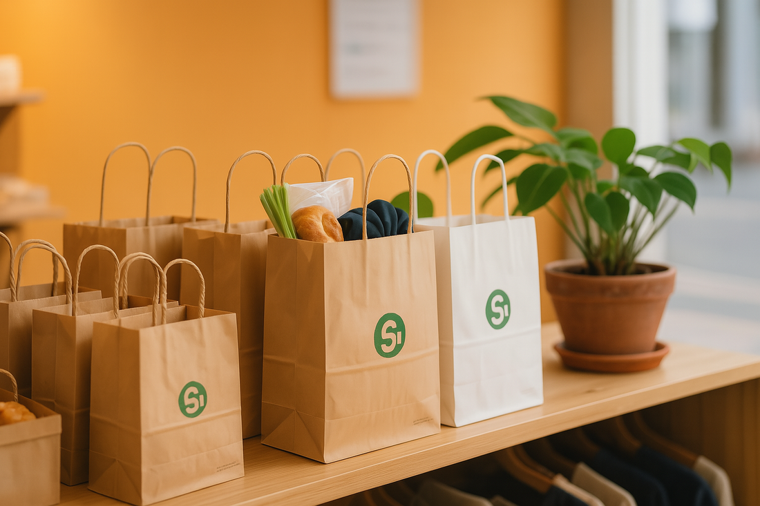 Eco-friendly kraft and white paper shopping bags with green logos displayed on a wooden shelf in a retail space, with natural light and a potted plant creating a warm, sustainable atmosphere.