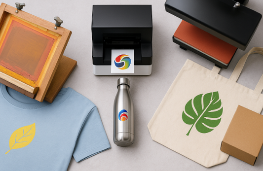 A flat-lay image showing screen printing on a t-shirt, UV DTF printing on a water bottle, and heat transfer printing on a tote bag, with each method represented by its respective equipment and product on a neutral background.