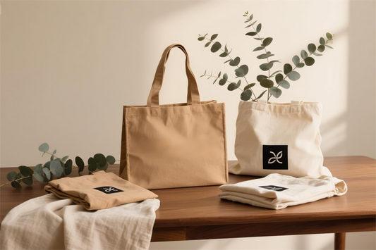 Flat lay of custom reusable canvas and cotton bags on a wooden table with eucalyptus sprigs, in soft natural light.