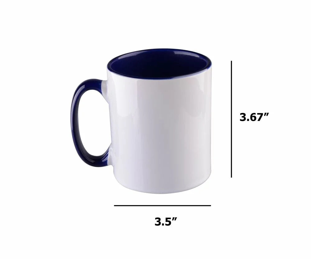 11oz inner colored sublimation mug with blue interior and handle, dimensions 3.67 inches in height and 3.5 inches in diameter, blank for custom printing.