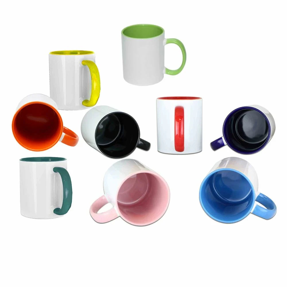 11oz inner colored sublimation mugs shown in assorted colors including red, yellow, green, black, pink, blue, orange, and purple, ready for custom printing.