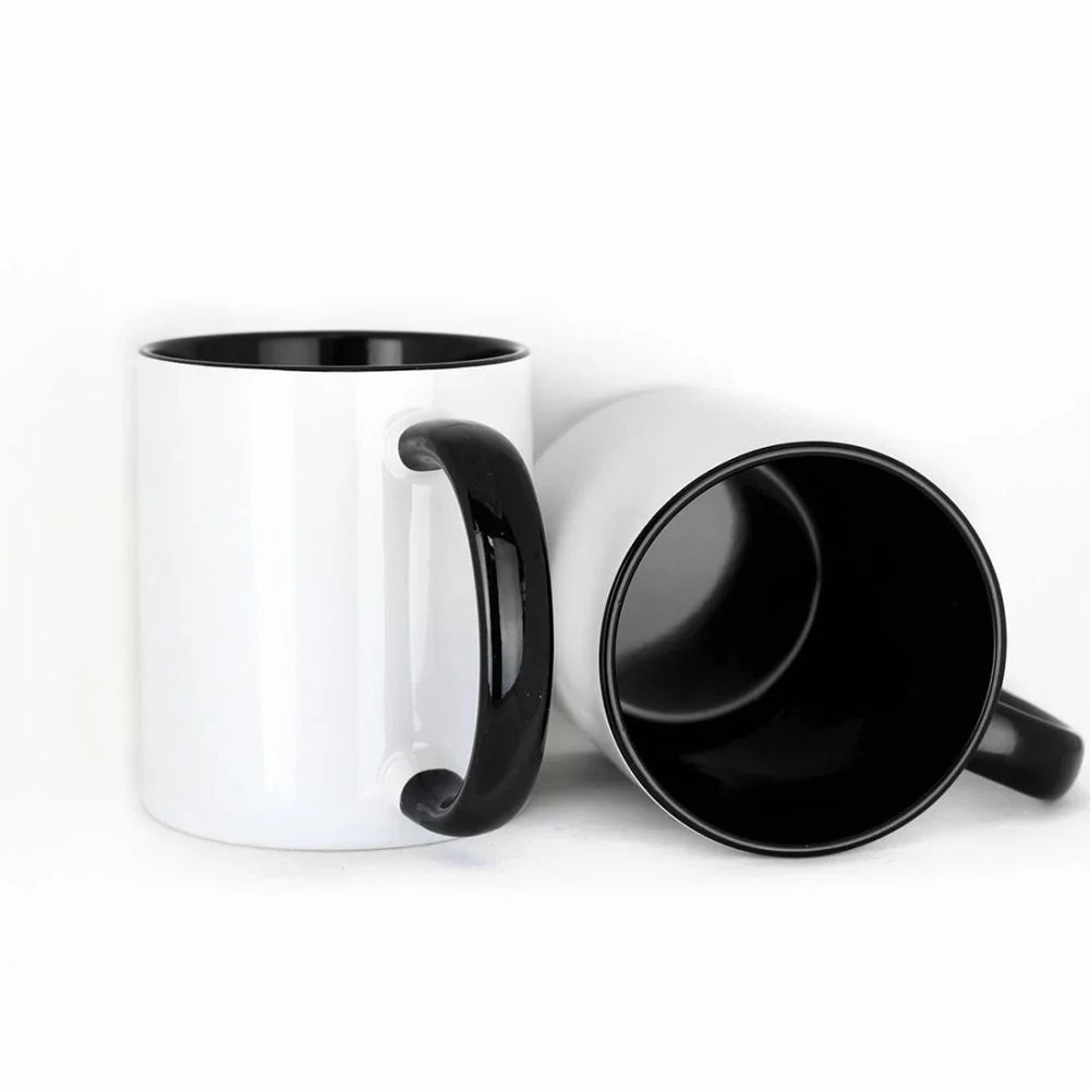 11oz inner colored sublimation mugs with black handle and black interior, blank white exterior ready for custom printing.