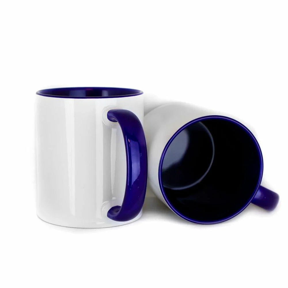 11oz inner colored sublimation mugs with blue handle and blue interior, blank white exterior ready for custom printing.