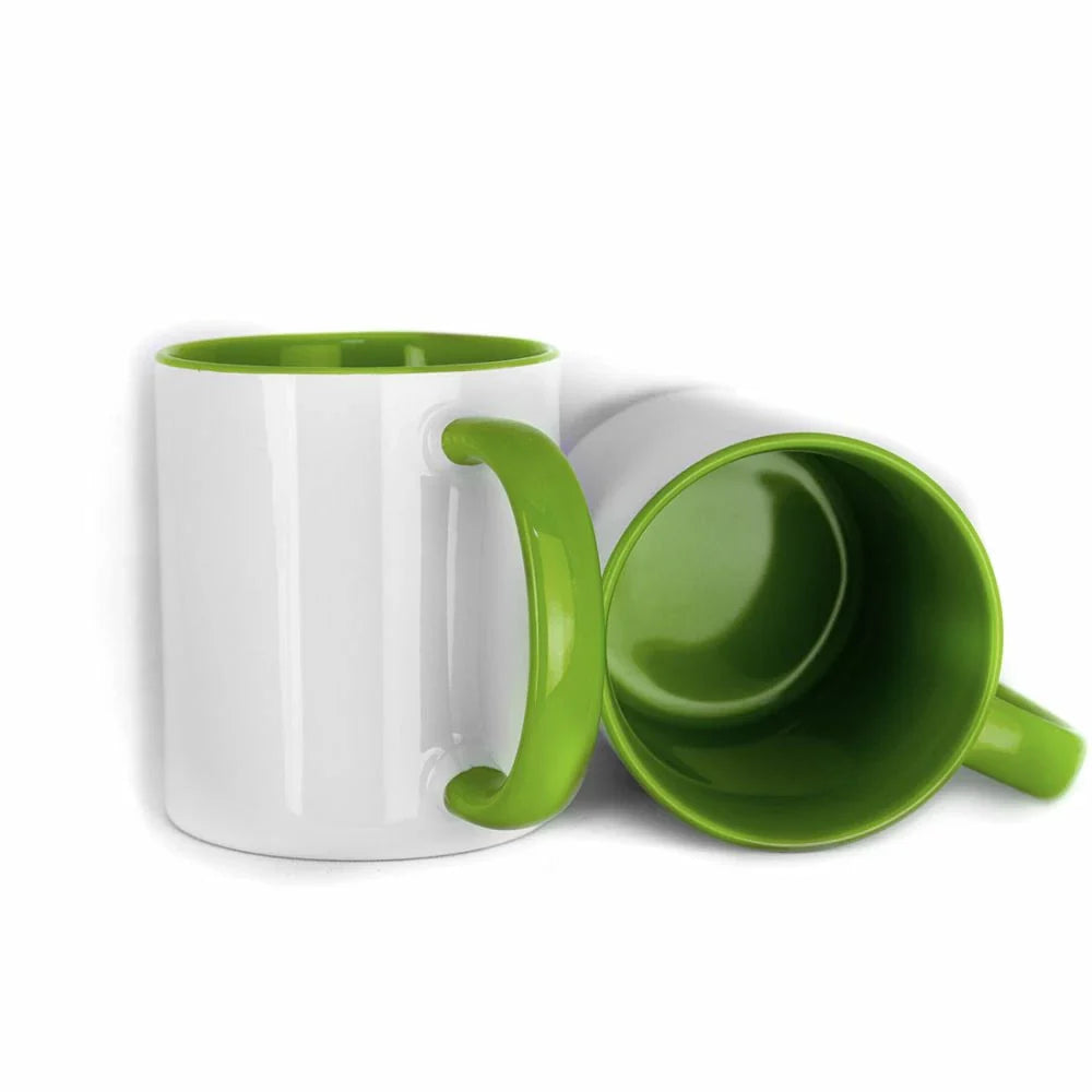 11oz inner colored sublimation mugs with green handle and green interior, blank white exterior ready for custom printing.