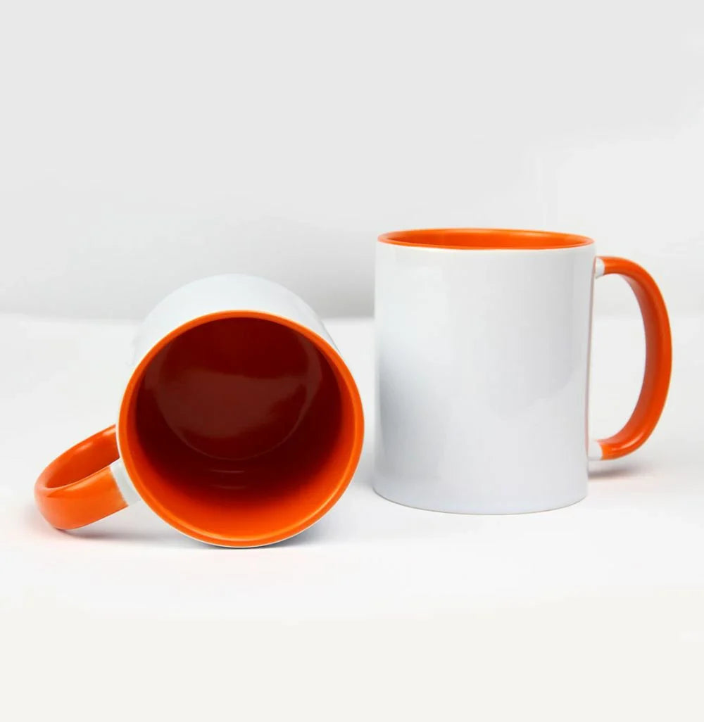 11oz inner colored sublimation mugs with orange handle and orange interior, blank white exterior ready for custom printing.