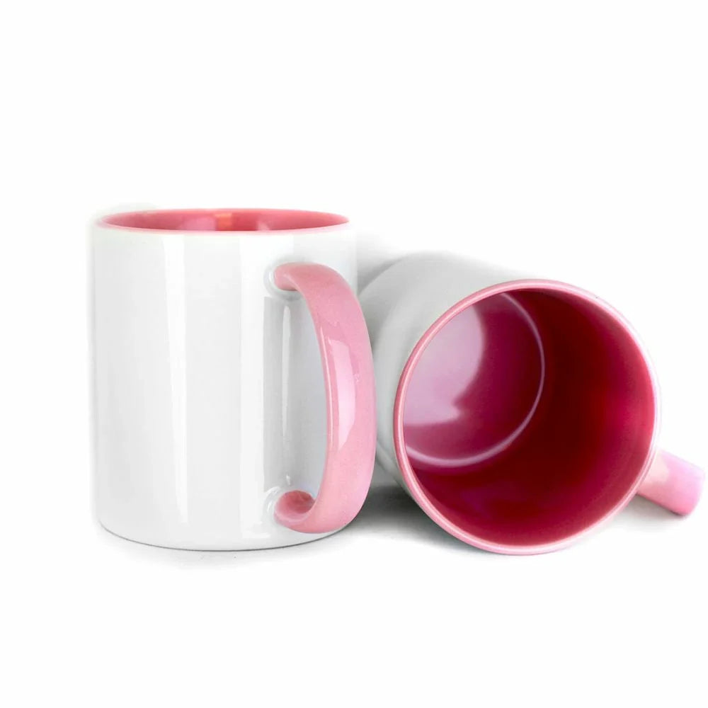 11oz inner colored sublimation mugs with pink handle and pink interior, blank white exterior ready for custom printing.