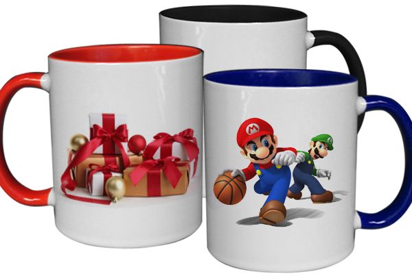 11oz inner colored sublimation mugs with red, blue, and black interiors, featuring custom graphics of gift boxes with bows and Mario basketball design.