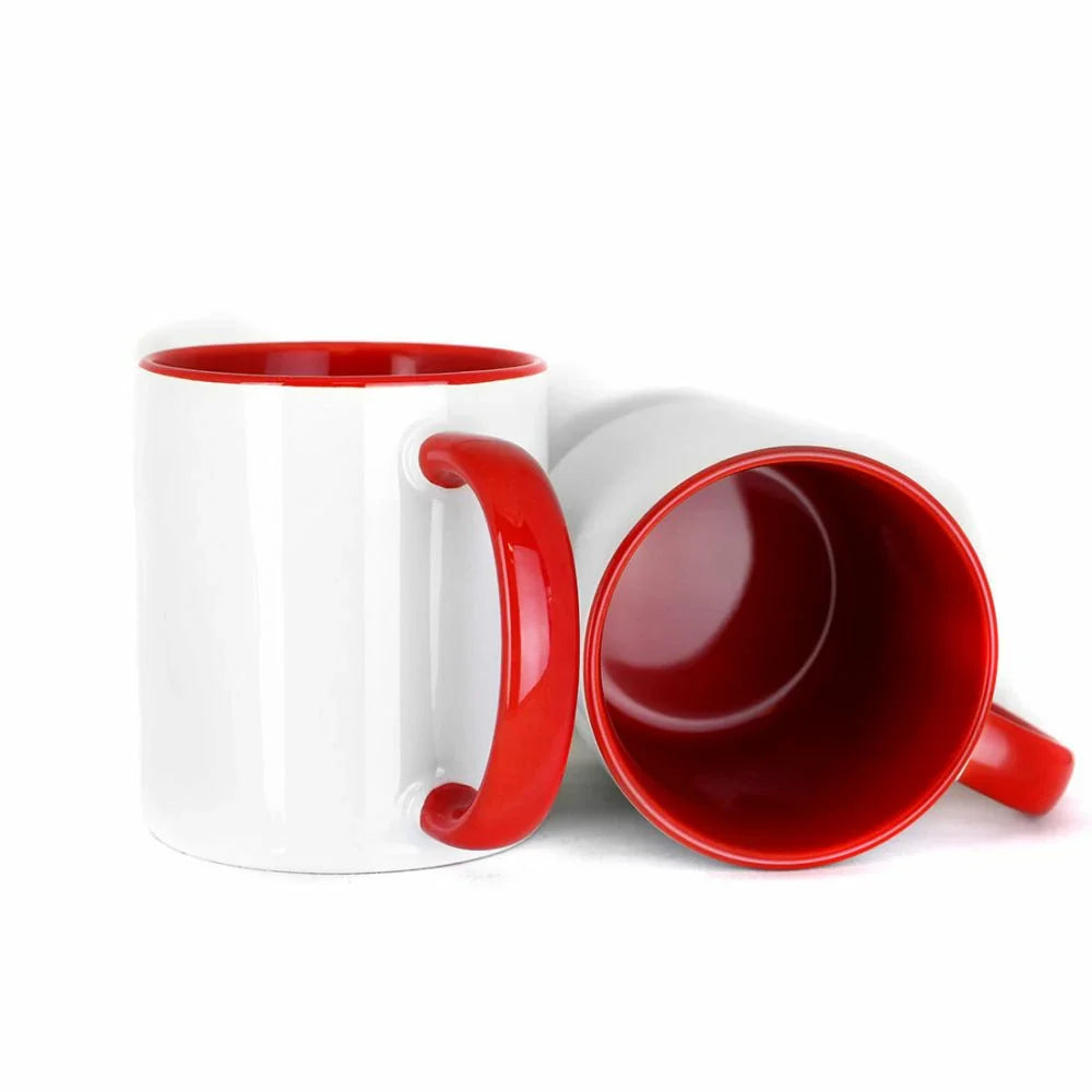 11oz inner colored sublimation mugs with red handle and red interior, blank white exterior ready for custom printing.