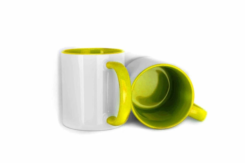 11oz inner colored sublimation mugs with yellow handle and yellow interior, blank white exterior ready for custom printing.