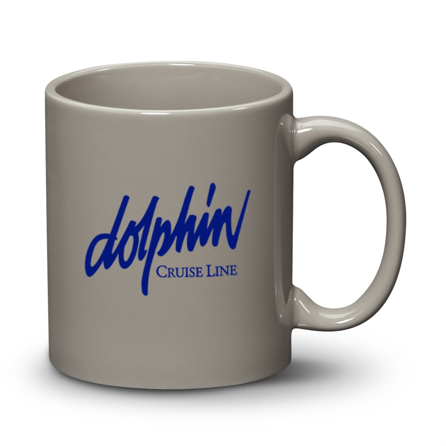 11oz Malibu ceramic mug in gray with Dolphin Cruise Line logo printed in blue