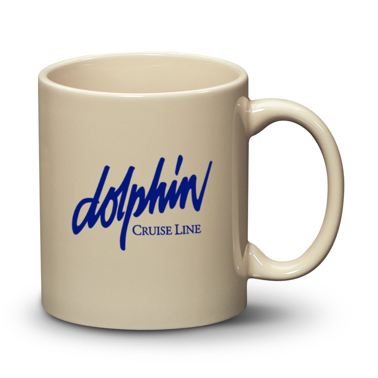 11oz Malibu ceramic mug in tan with Dolphin Cruise Line logo printed in blue.