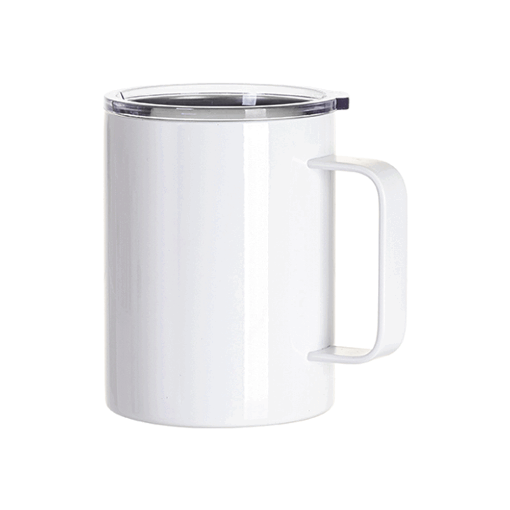 13oz 400ml stainless steel coffee cup with clear flat lid and handle, blank white design ready for custom printing.