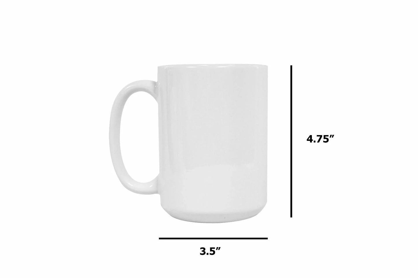 15oz sublimation pearl coat white mug with dimensions 4.75 inches in height and 3.5 inches in diameter, blank and ready for custom printing.