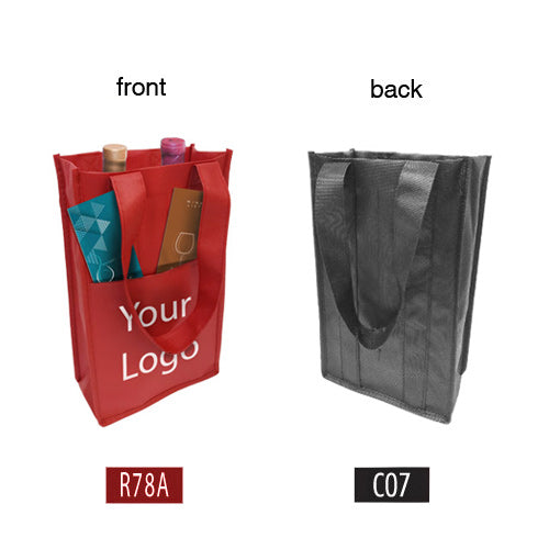Two 2-bottle non-woven wine bags in red and black with front pocket