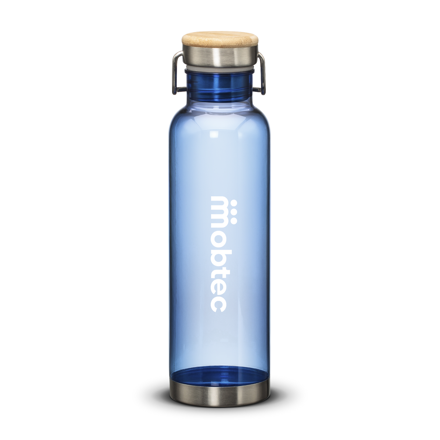 27oz MacLeod bottle in blue with bamboo twist lid and white printed mobtec logo, transparent background