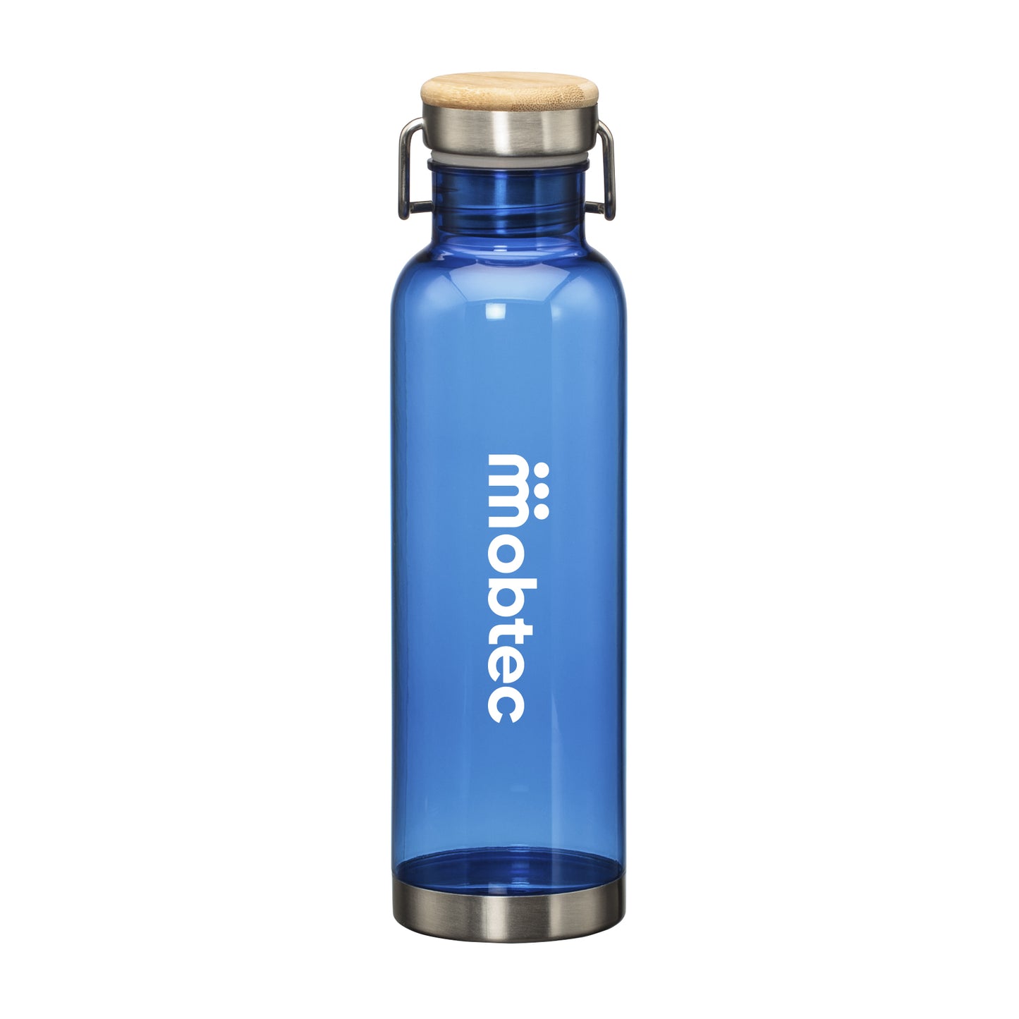 27oz MacLeod bottle with bamboo twist lid and printed logo in white on blue body