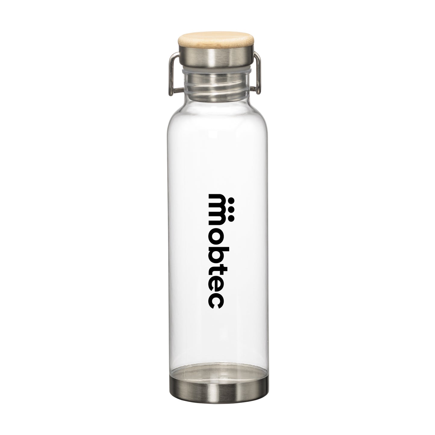 27oz MacLeod bottle with bamboo twist lid and printed logo in black on clear body