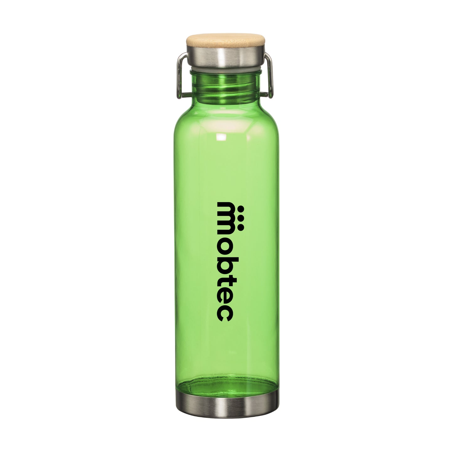 27oz MacLeod bottle with bamboo twist lid and printed logo in black on green body