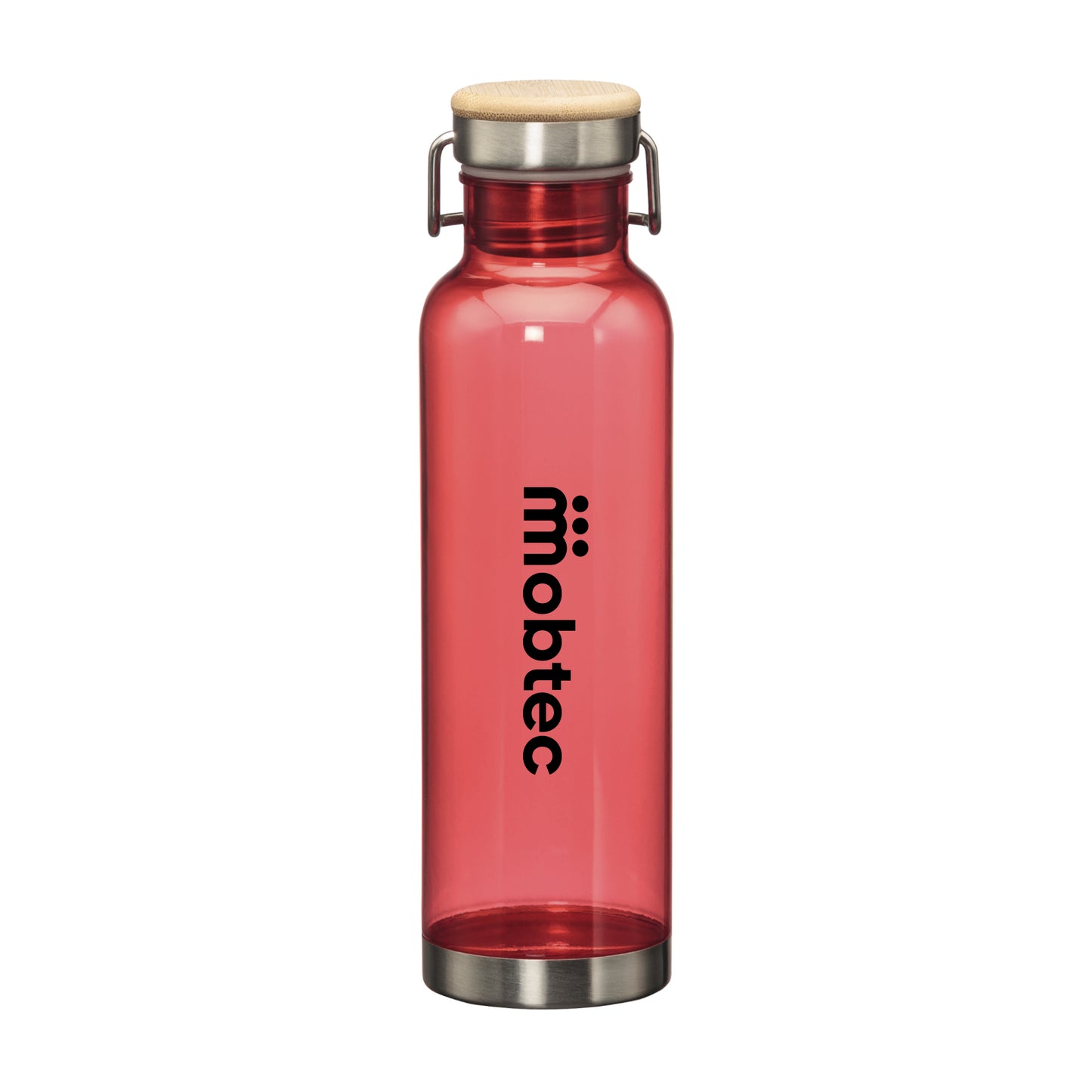 27oz MacLeod bottle with bamboo twist lid and printed logo in black on red body
