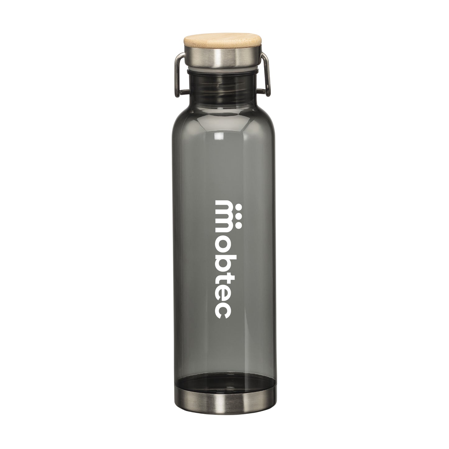 27oz MacLeod bottle with bamboo twist lid and printed logo in white on smoke grey body