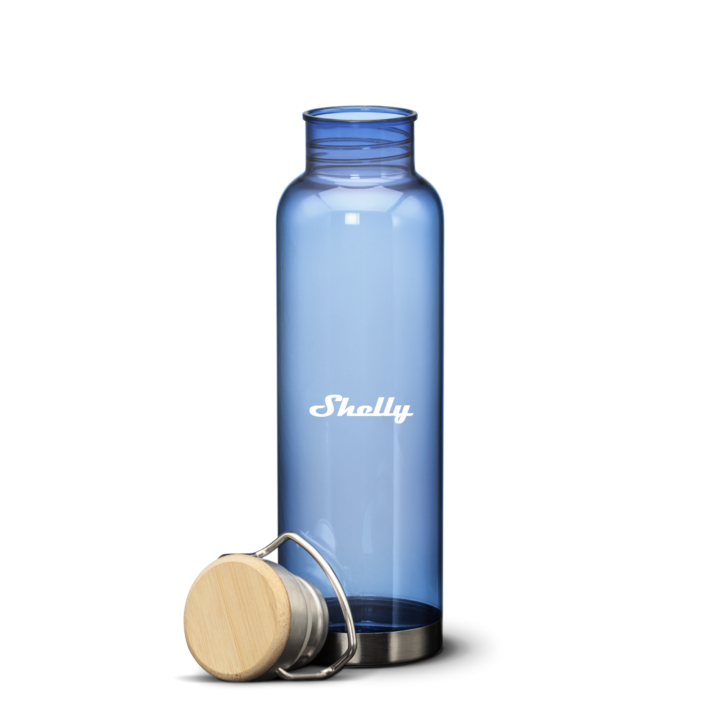 27oz MacLeod bottle in blue with bamboo twist lid off, featuring white printed Shelly logo, transparent background